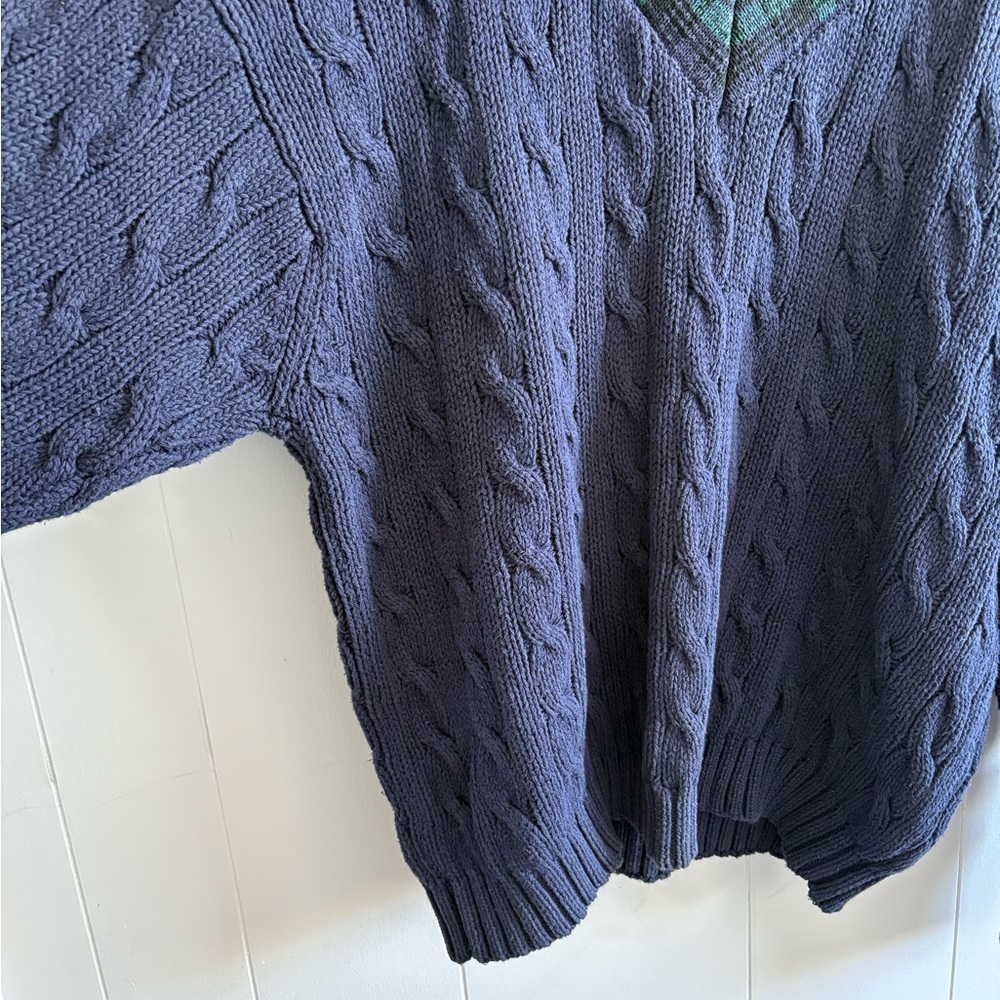 Women’s XL Vintage Gap Cable Knit 100% Cotton Sweater Navy & Green Plaid V Neck - Picture 3 of 11